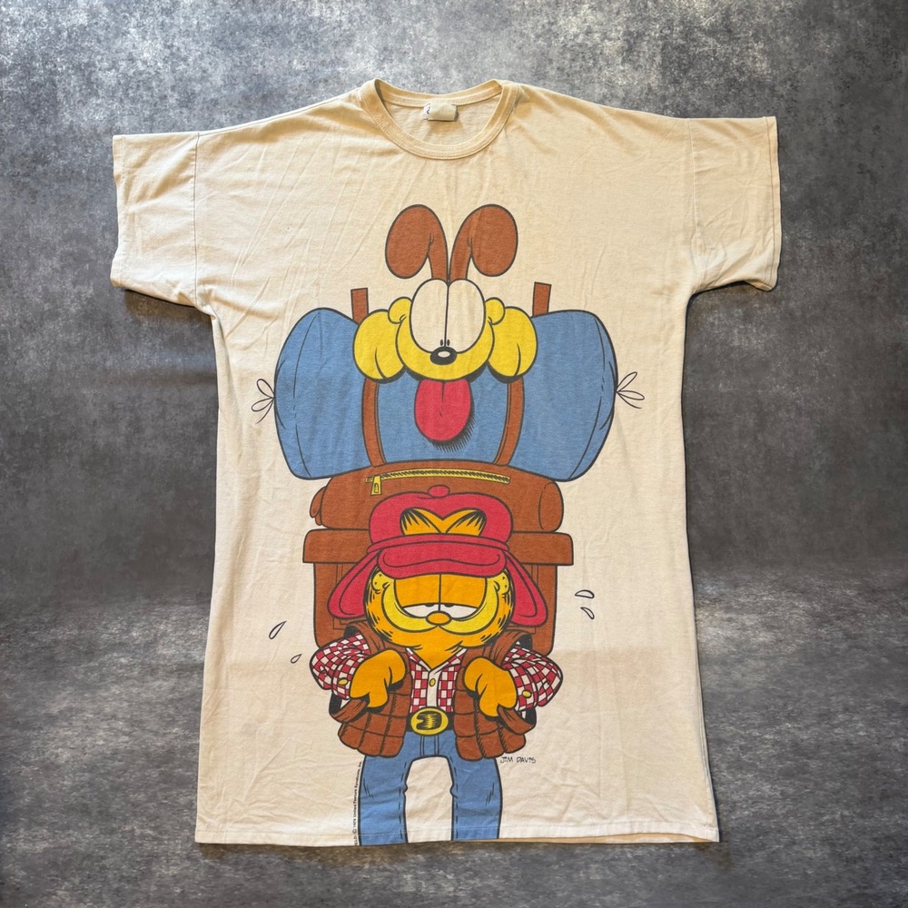 Vtg 80s Garfield Odie Camping Sleep Shirt Nightgown Flirts Single Stitch OSFA